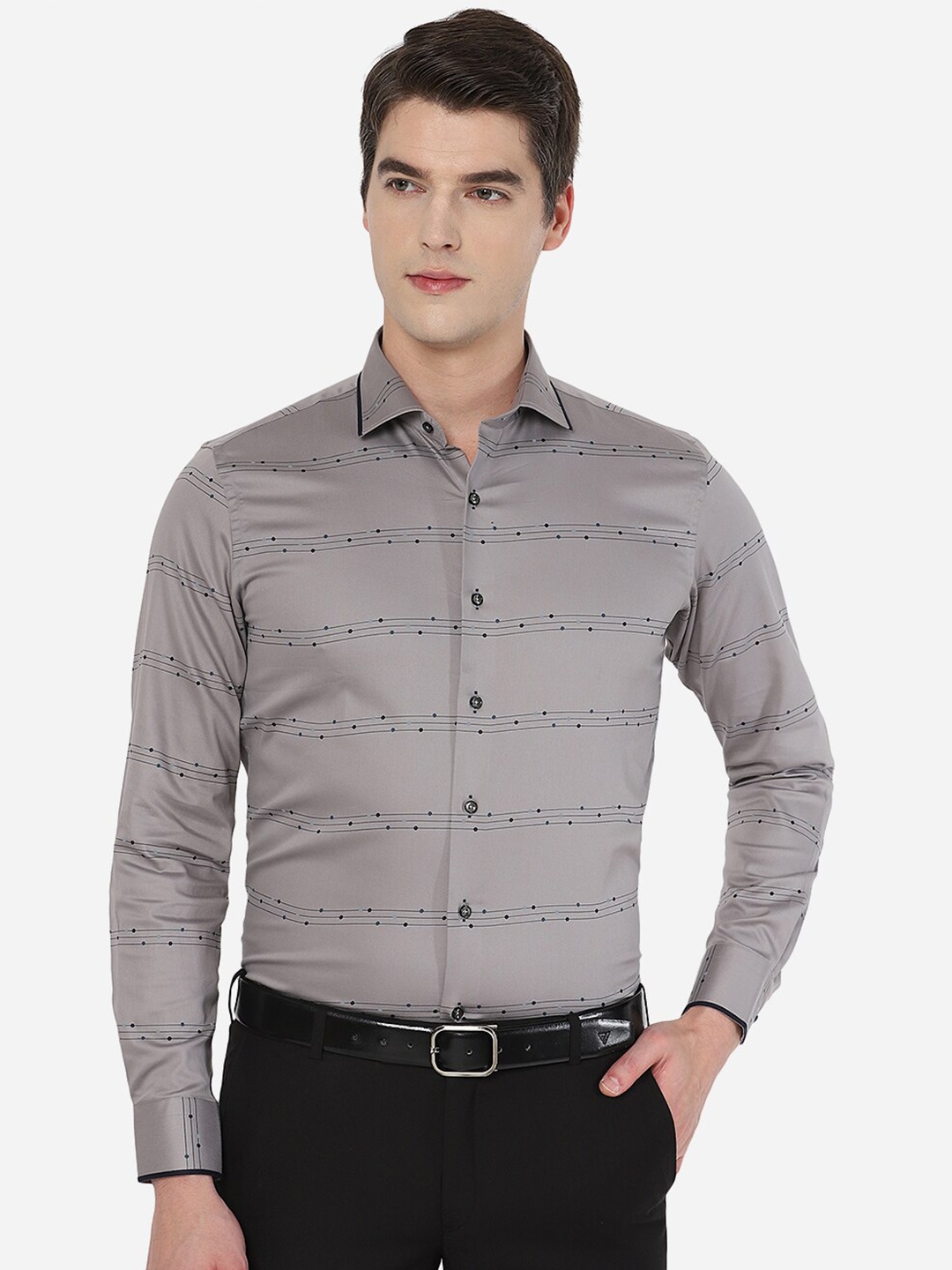

JB STUDIO Men Slim Fit Printed Cotton Formal Shirt, Grey