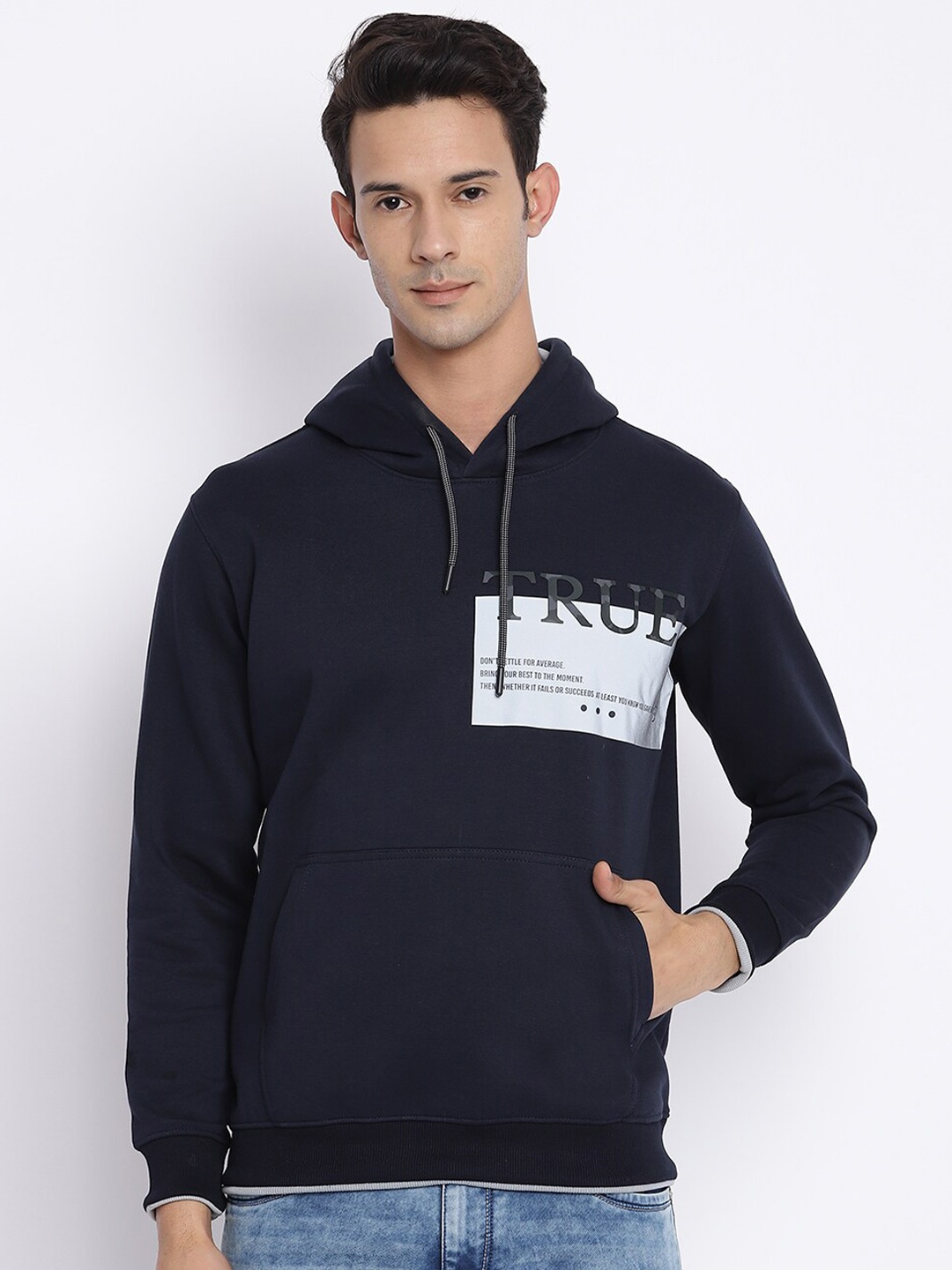

Cantabil Men Navy Blue Printed Hooded Woolen Sweatshirt