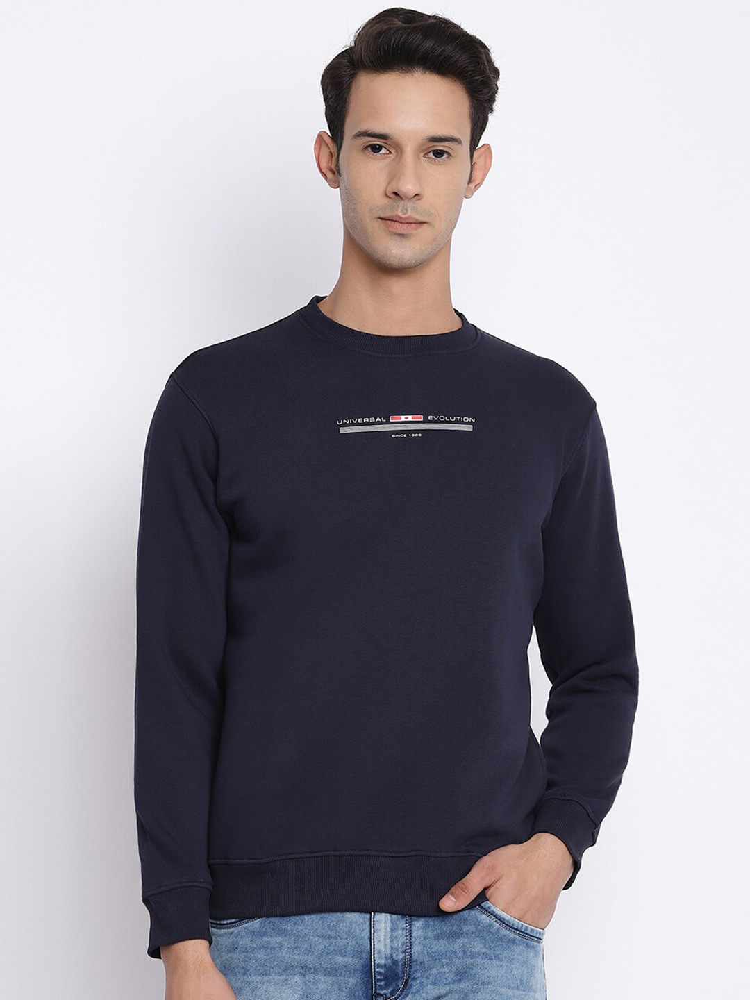 

Cantabil Men Printed Woolen Sweatshirt, Navy blue