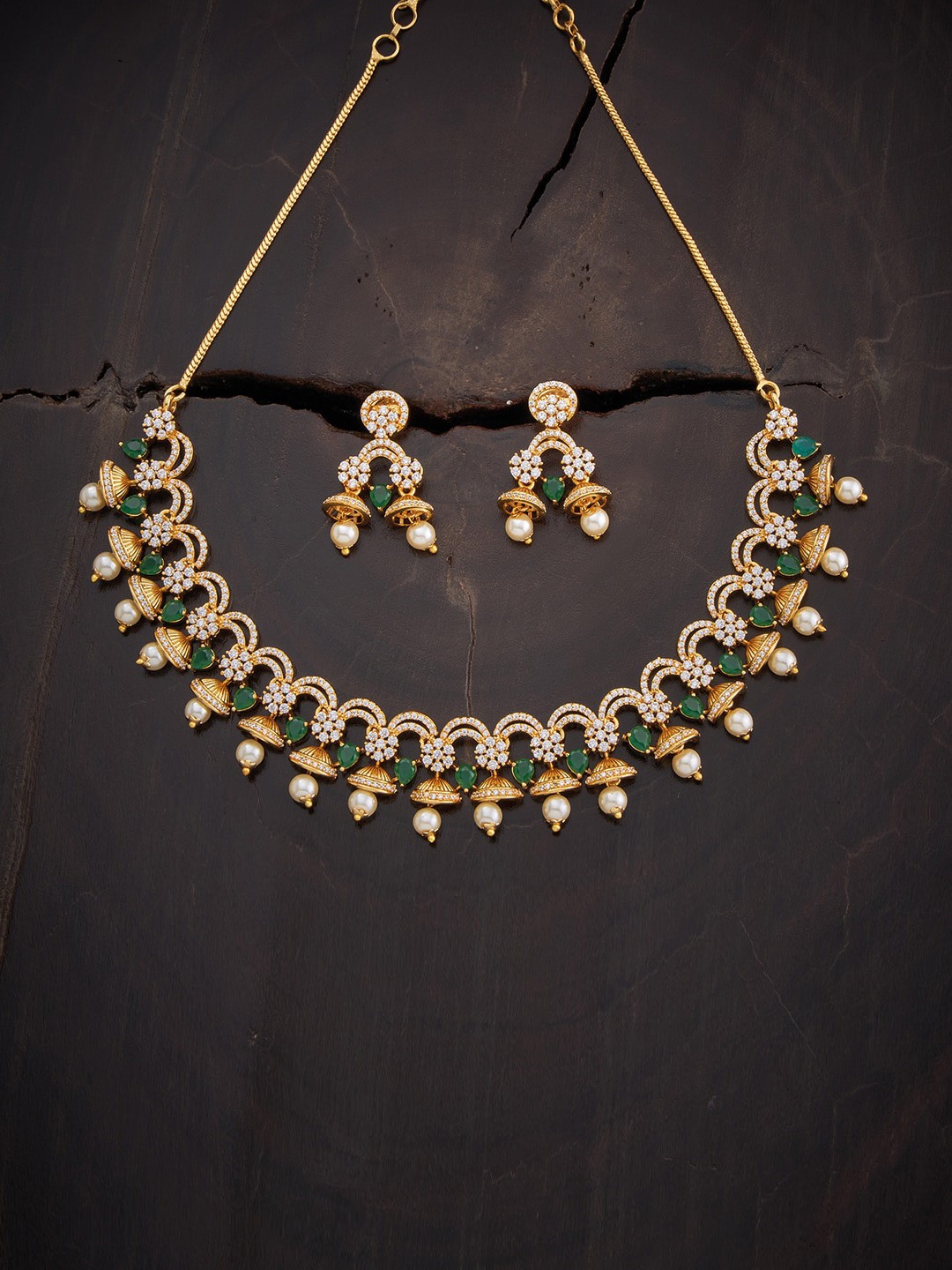 

Kushal's Fashion Jewellery Women Gold-Plated CZ Stone-Studded Jewellery Set, Green