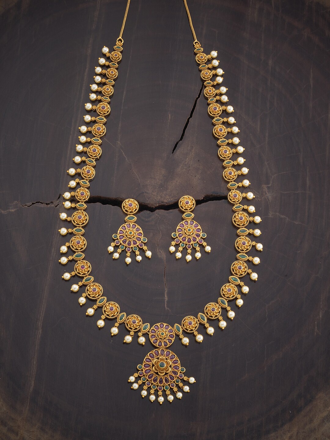 

Kushal's Fashion Jewellery Antique Gold-Plated Stone-Studded Jewellery Set, Red