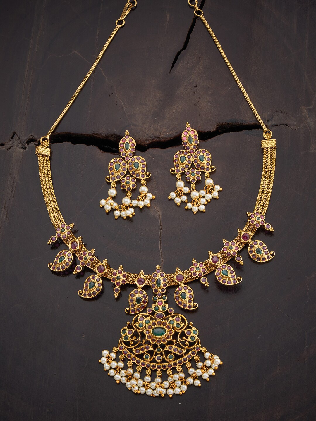 

Kushal's Fashion Jewellery Antique Gold-Plated Stones-Studded Jewellery Set, Red