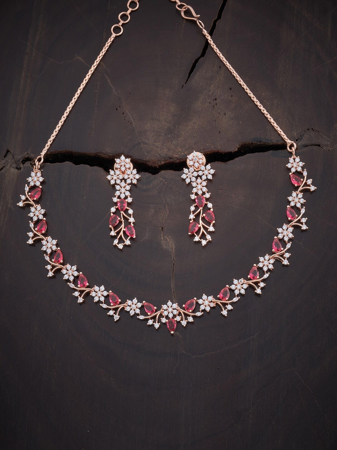

Kushal's Fashion Jewellery Rose Gold-Plated CZ Stone-Studded Jewellery Set, Red