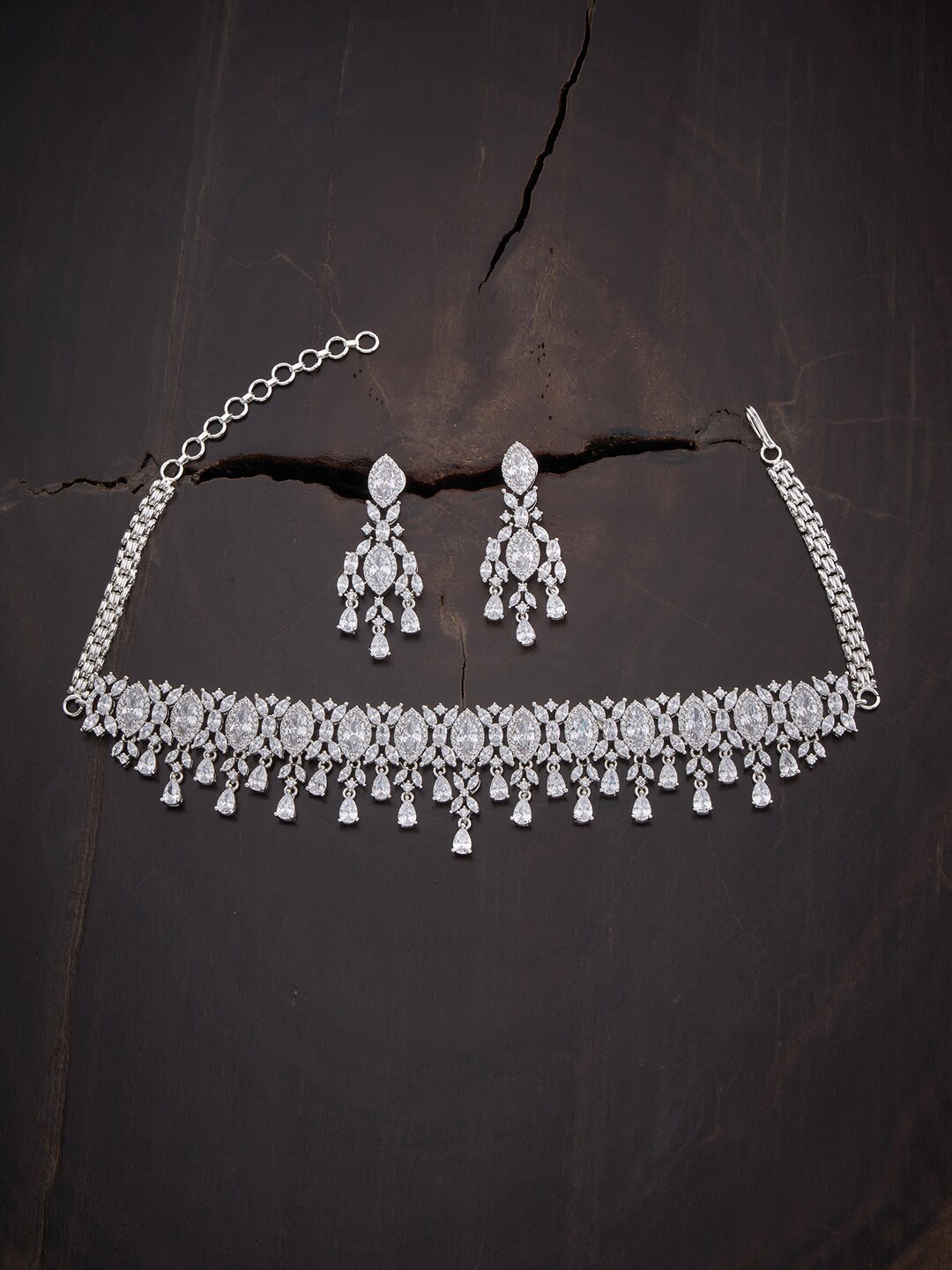 

Kushal's Fashion Jewellery Rhodium-plated Silver-toned & White CZ-Studded Jewellery Set