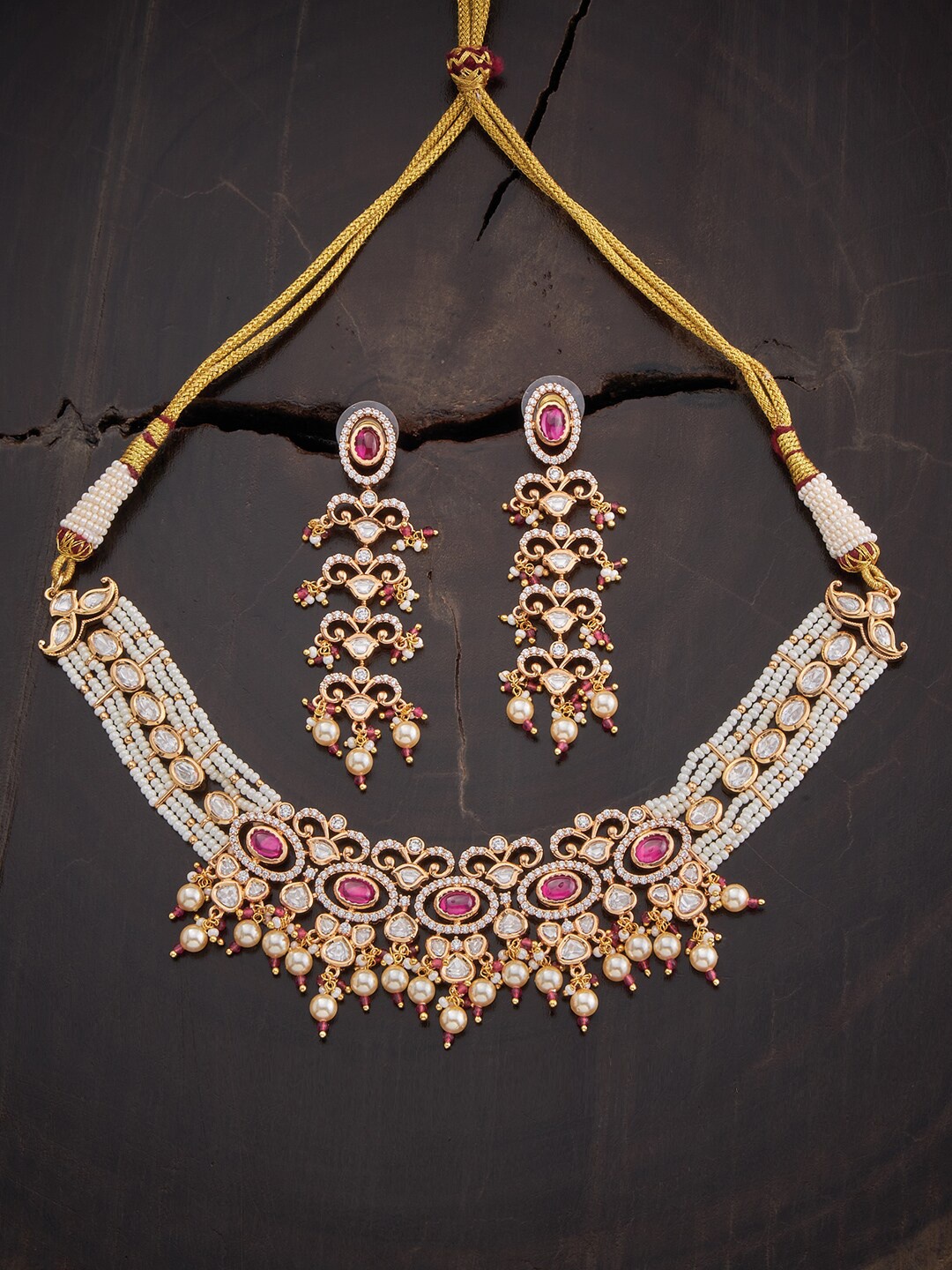 

Kushal's Fashion Jewellery Gold-Plated Ruby-Colored & White Kundan-Studded Jewellery Set