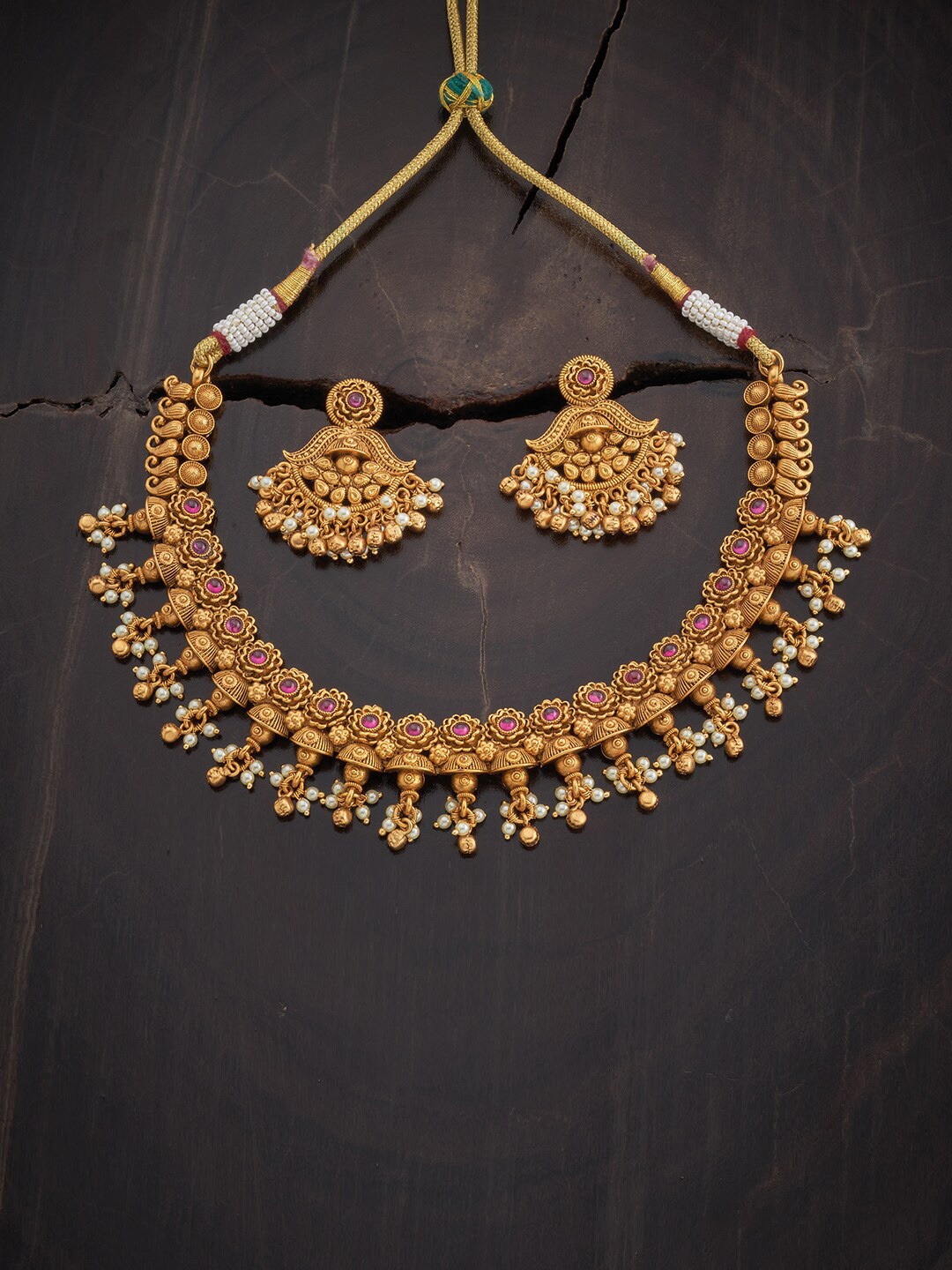 

Kushal's Fashion Jewellery Gold-Plated Red Artificial Stones-Studded Jewellery Set