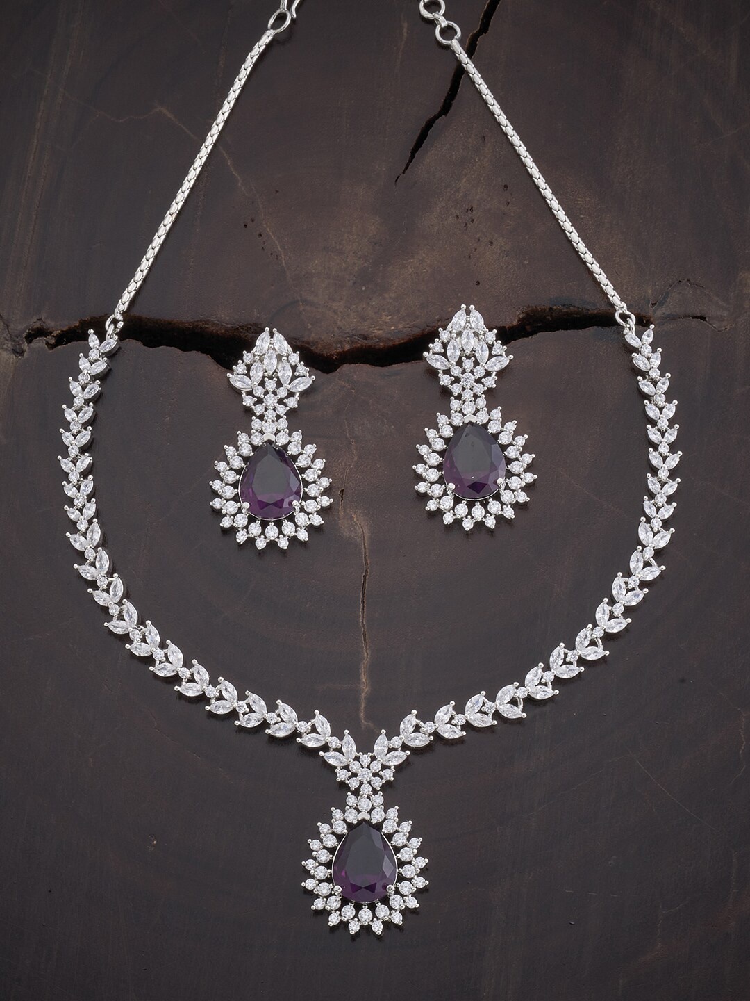 

Kushal's Fashion Jewellery Rhodium-plated Silver-toned & Lavender-Colored CZ-Studded Jewellery Set