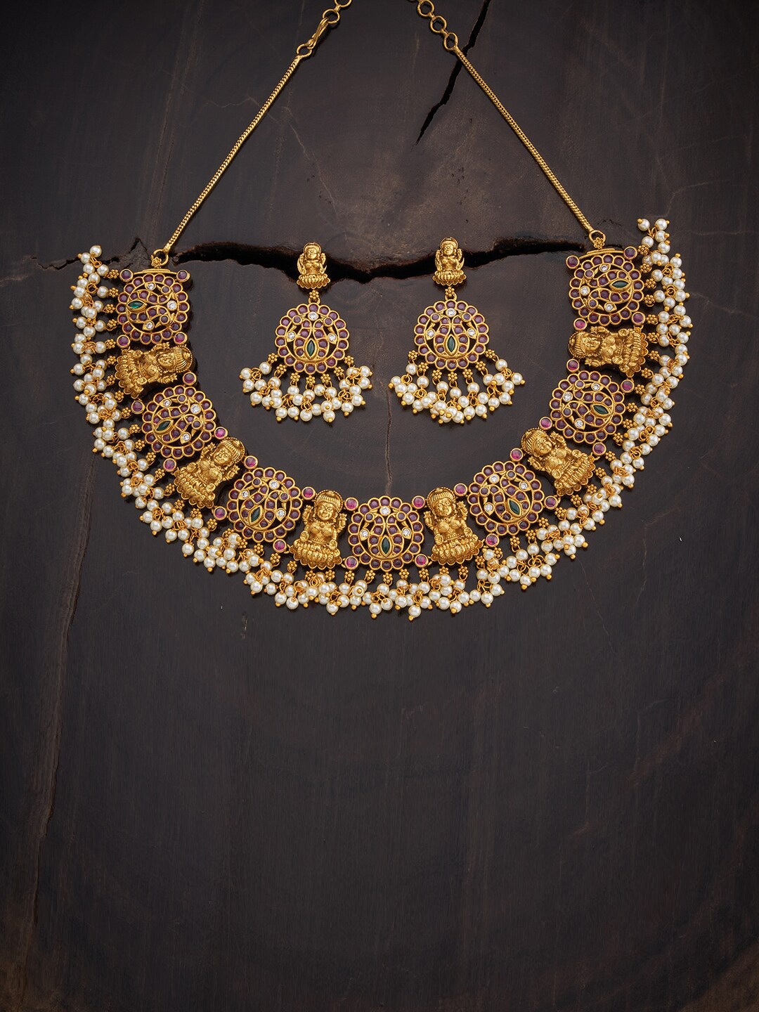 

Kushal's Fashion Jewellery Gold-Toned Red & White Stones & Beads Studded Jewellery Set