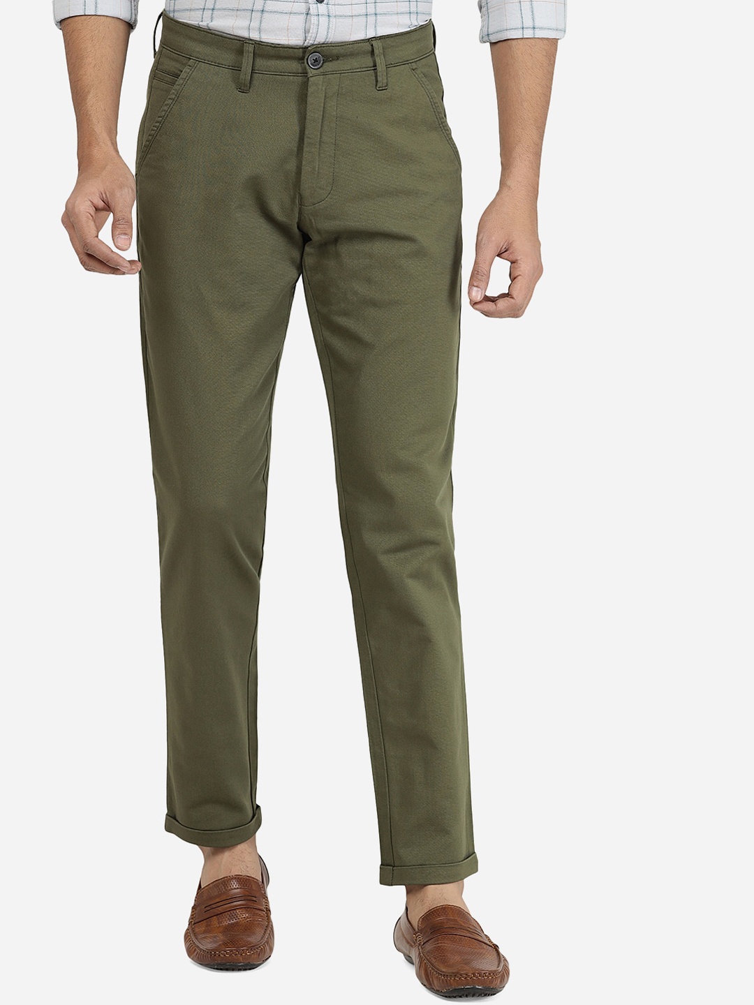 

Greenfibre Men Slim Fit Cotton Trousers, Green