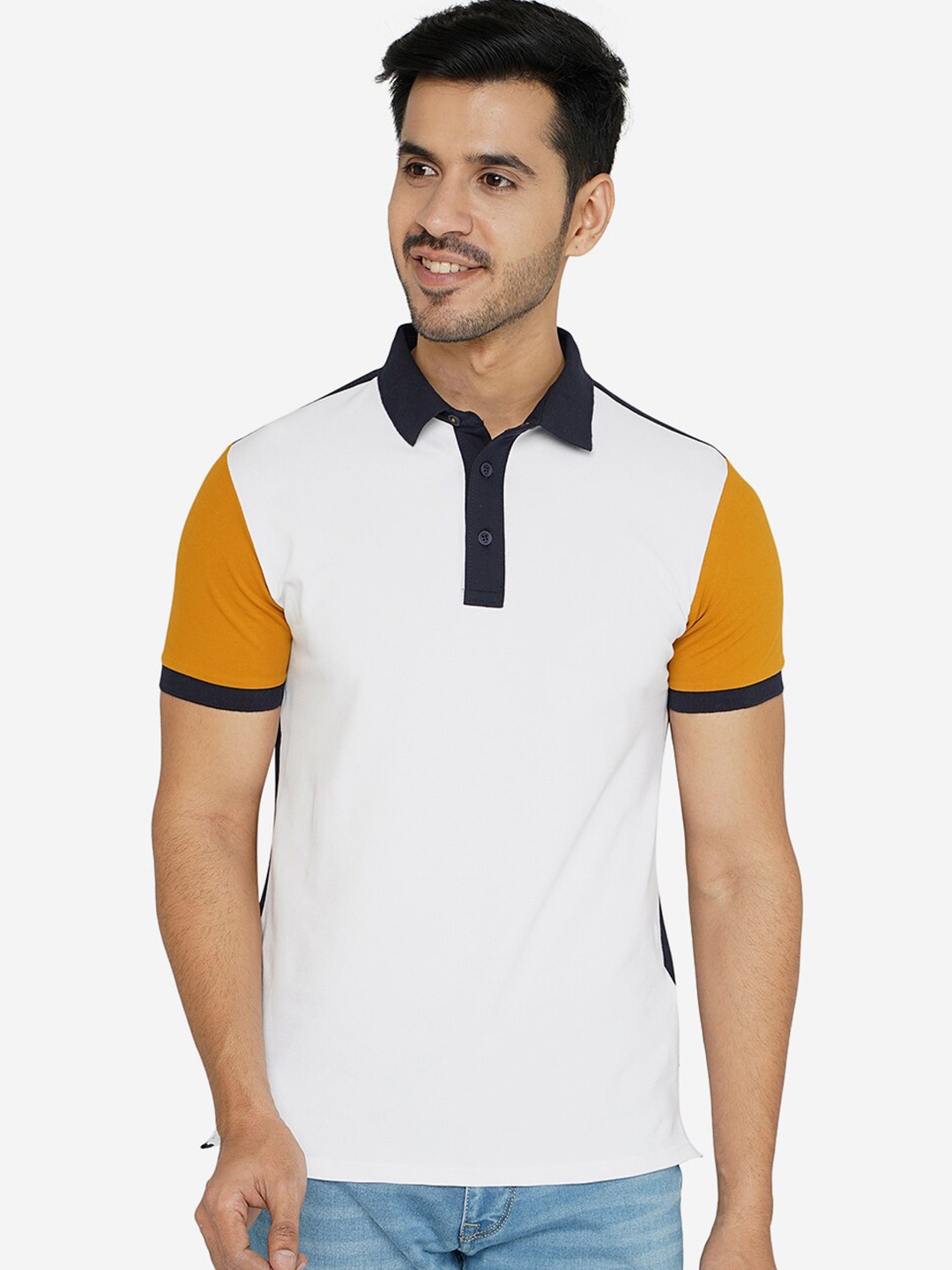 

JADE BLUE Men Cotton Colourblocked Polo Collar Slim Fit T-shirt, White