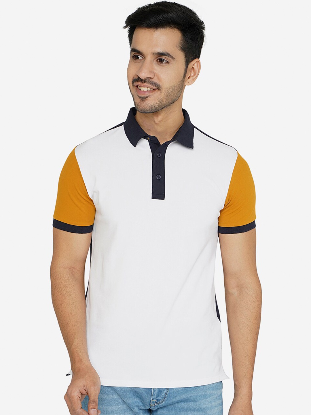 

JADE BLUE Men Cotton Yellow Colourblocked Polo Collar Slim Fit T-shirt, White