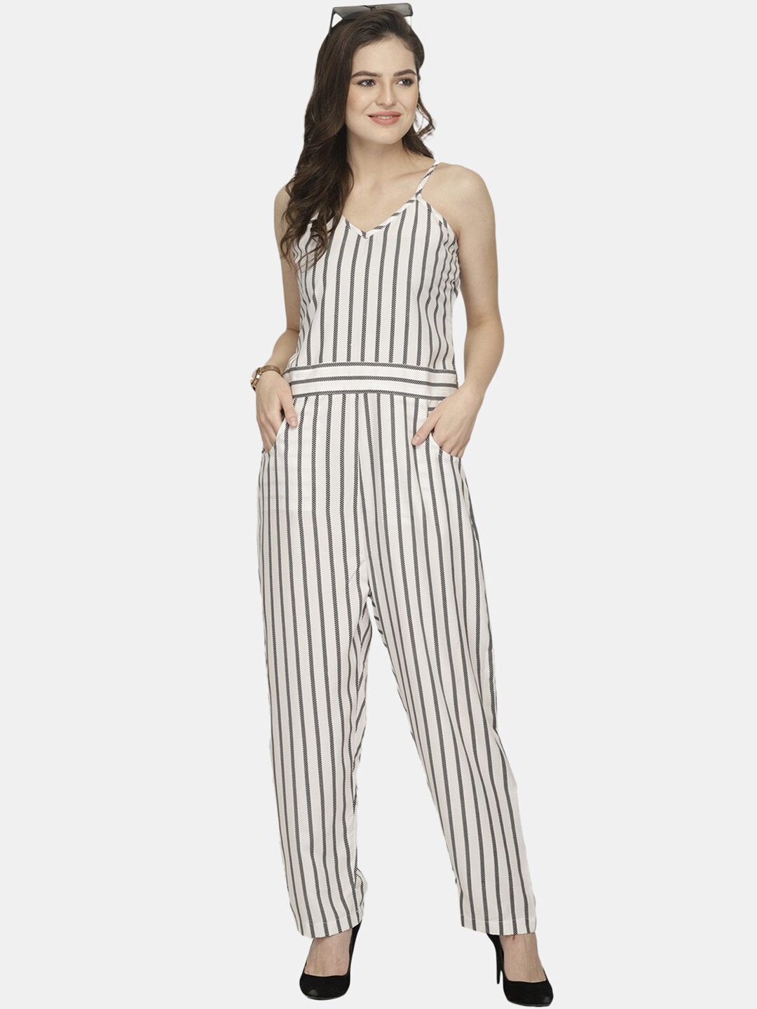 

Sayesha Women Striped Basic Jumpsuit, White