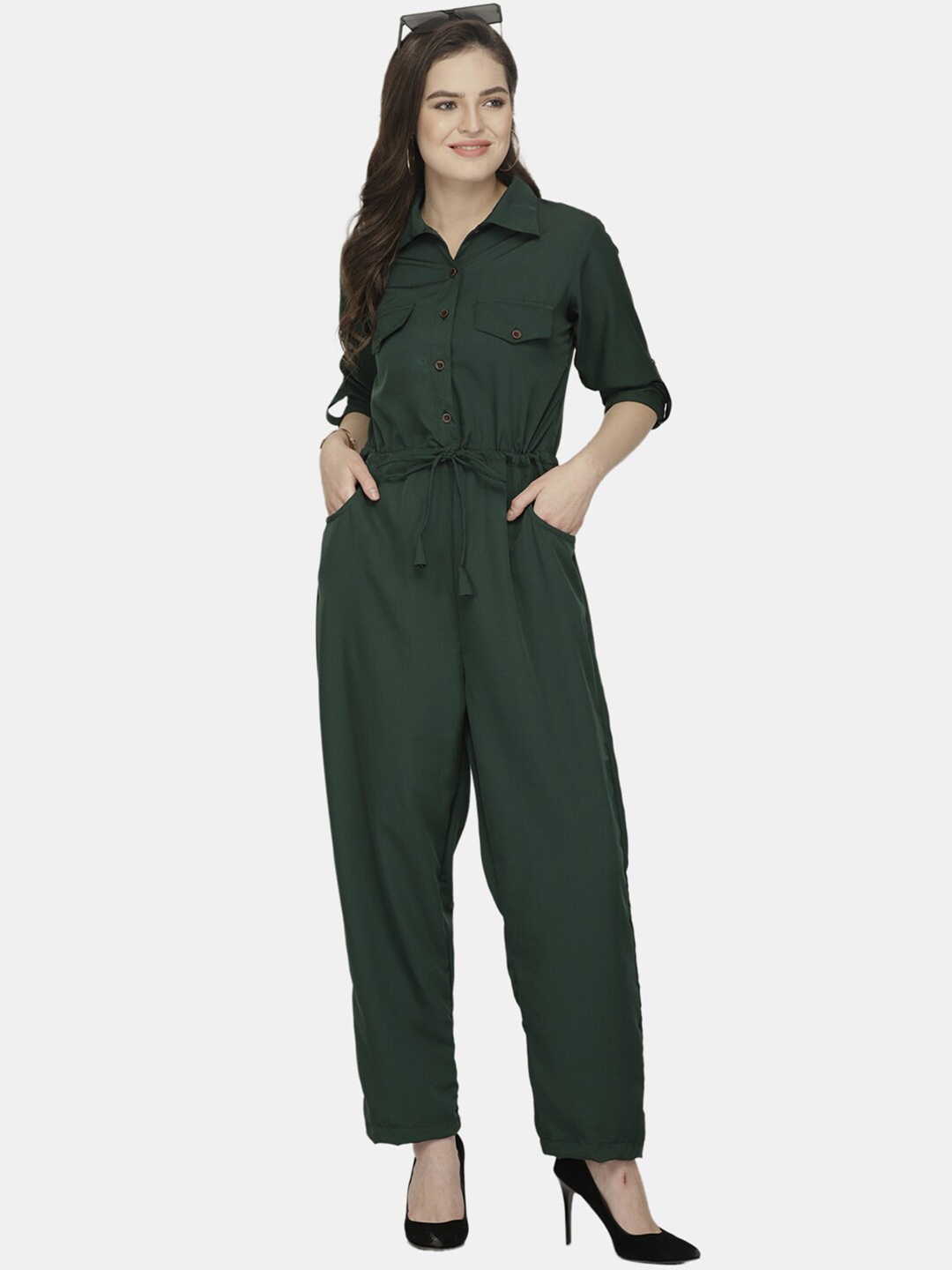 

Sayesha Women Shirt Collar Basic Crepe Jumpsuit, Green