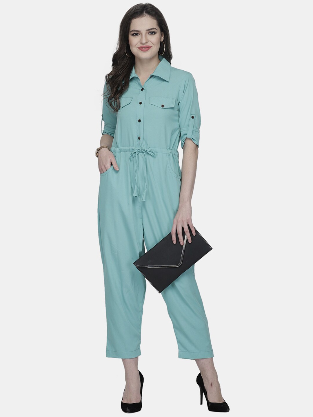 

Sayesha Women Shirt Collar Basic Crepe Jumpsuit, Green