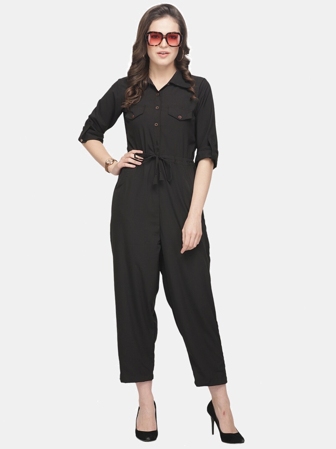 

Sayesha Women Shirt Collar Basic Crepe Jumpsuit, Black