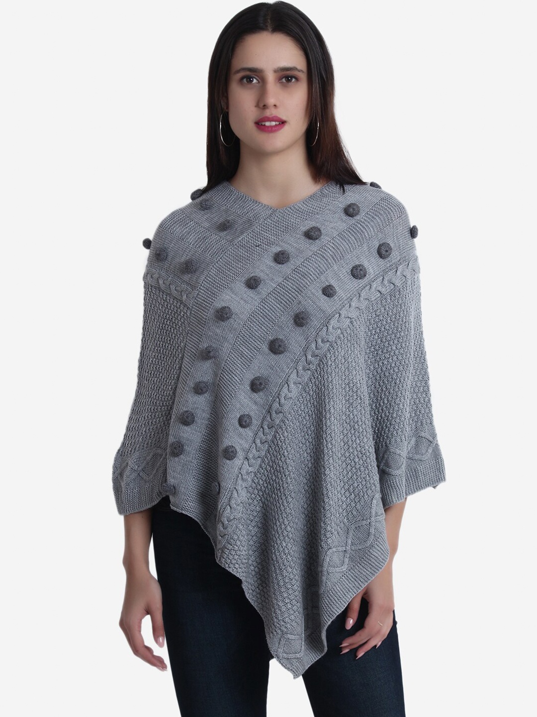 

JoE Hazel Women Self Designed Cable Knit Acrylic Poncho, Grey