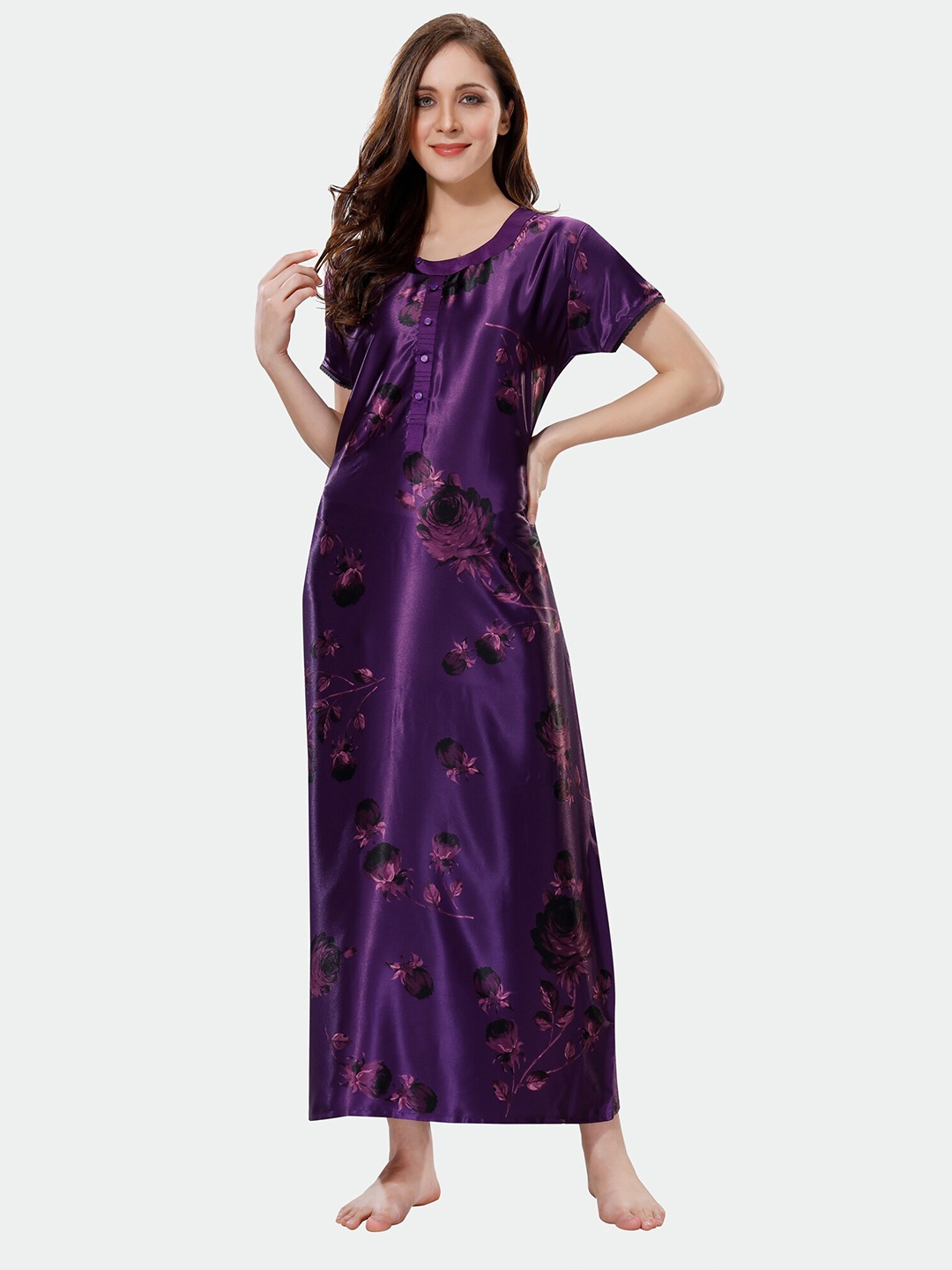 

Ever Loved Floral Printed Satin Maxi Nightdress, Purple
