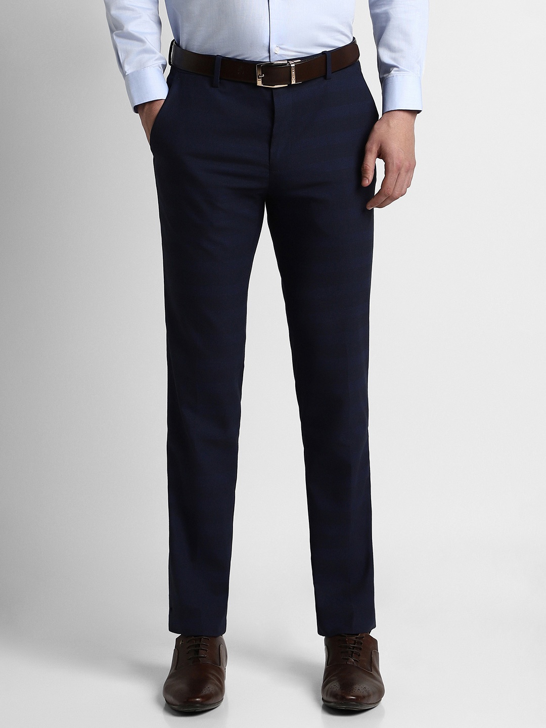 

Peter England Men Checked Slim Fit Formal Trousers, Navy blue