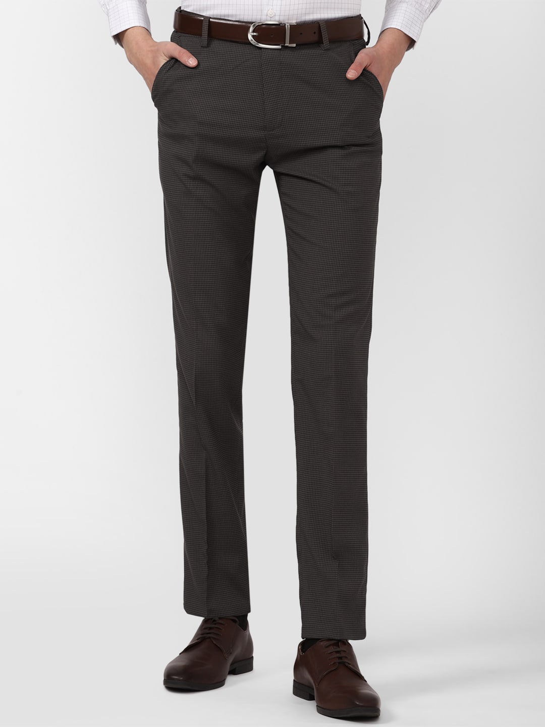 

Peter England Men Checked Slim Fit Formal Trousers, Charcoal