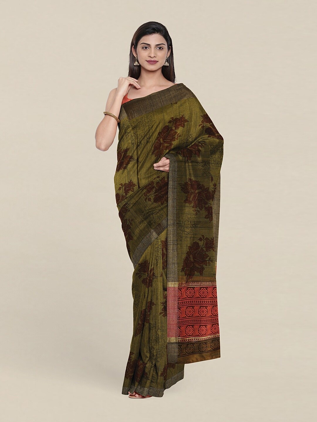 

Pothys Floral Zari Saree, Olive