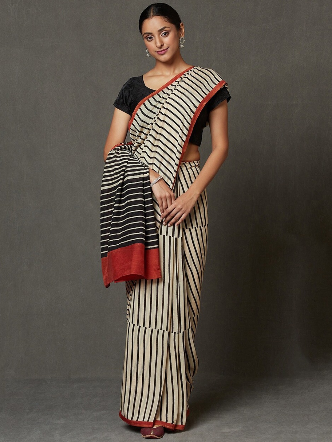 

Fabindia Striped Block Print Saree, Beige