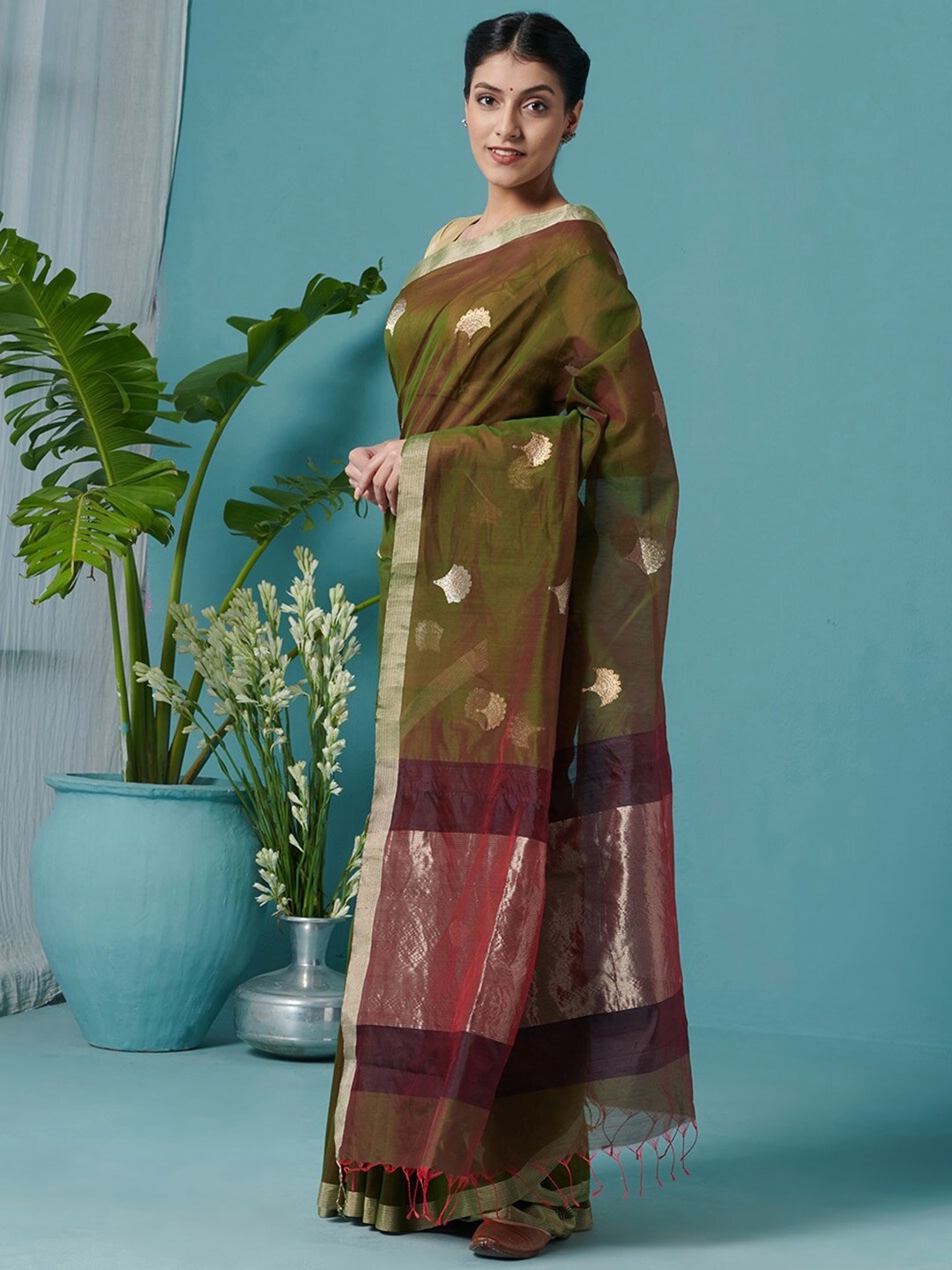

Fabindia Woven Design Zari Silk Cotton Chanderi Saree, Green
