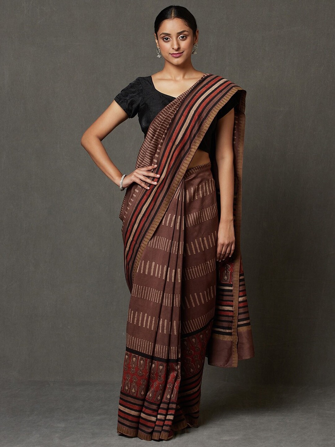 

Fabindia Silk Cotton Block Print Saree, Cream