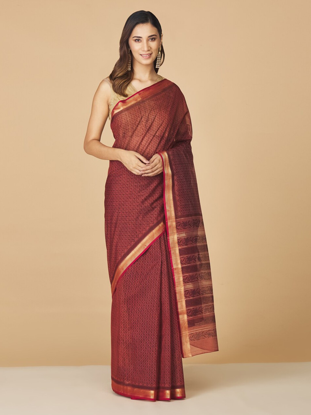 

Fabindia Floral Silk Cotton Block Print Saree, Pink