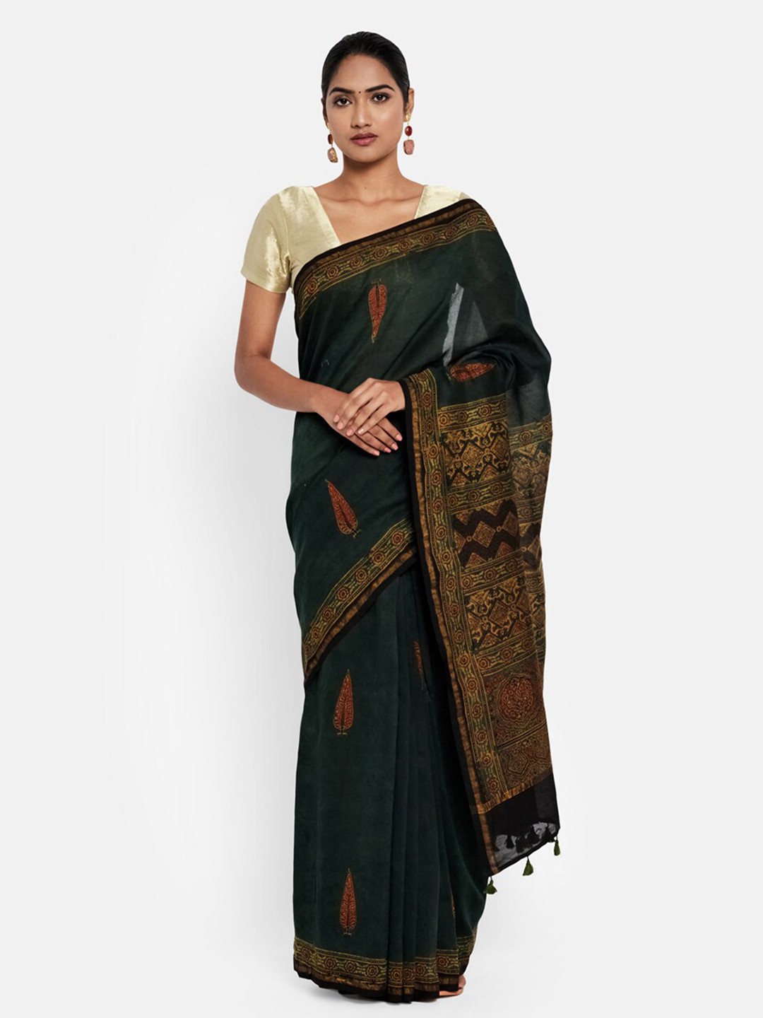 

Fabindia Ajrakh Print Silk Cotton Saree, Green