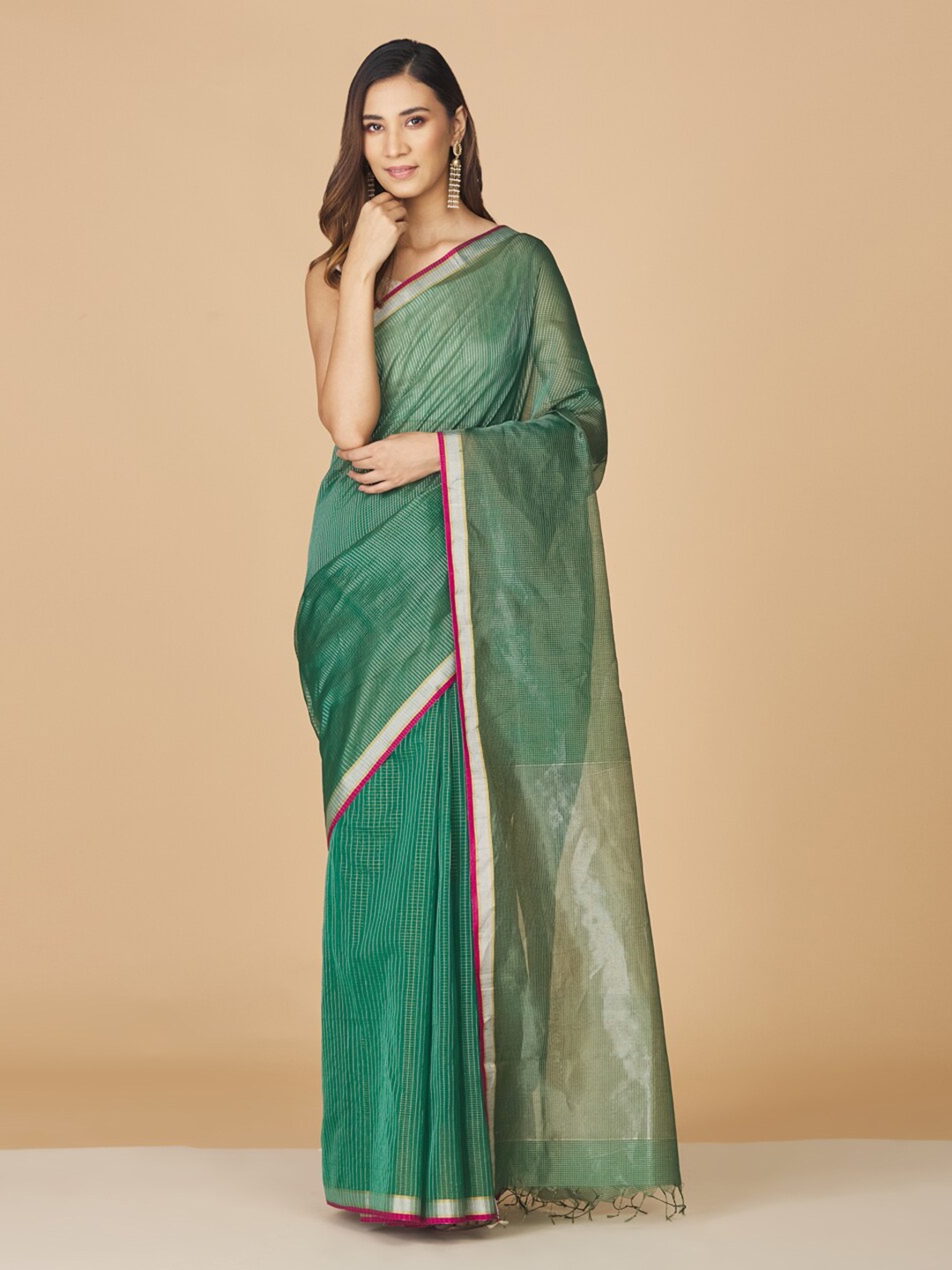 

Fabindia Checked Silk Cotton Maheshwari Zari Saree, Green