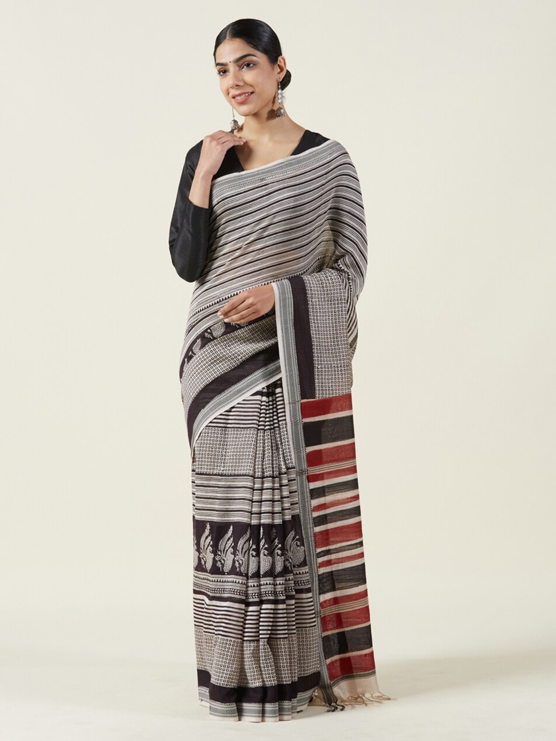 

Fabindia Striped Silk Cotton Bagh Saree, Black