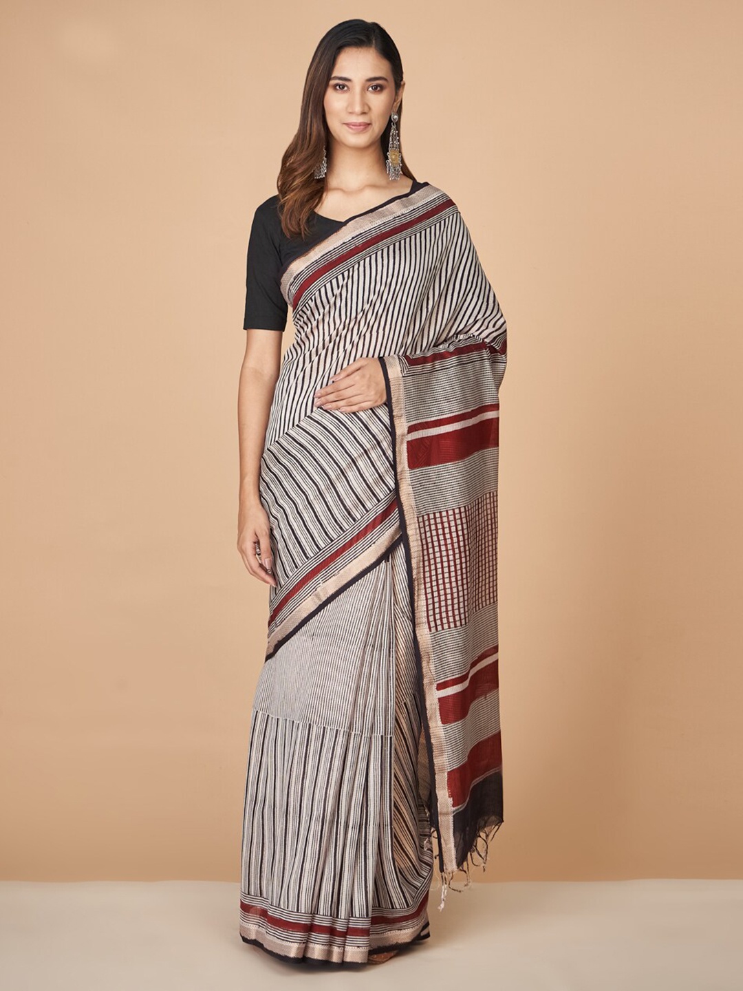 

Fabindia Striped Silk Cotton Bagh Zari Saree, Off white
