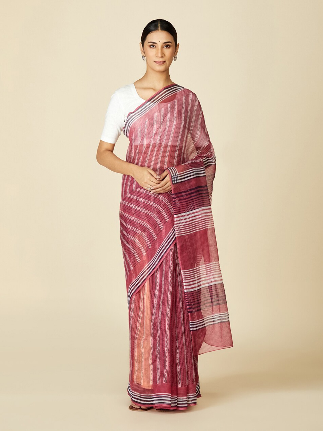

Fabindia Striped Silk Cotton Saree, Pink