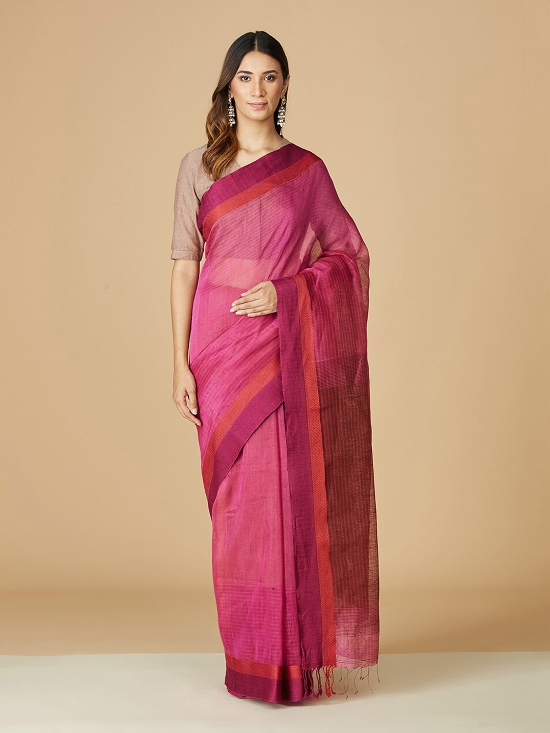 

Fabindia Woven Design Linen Blend Saree, Pink