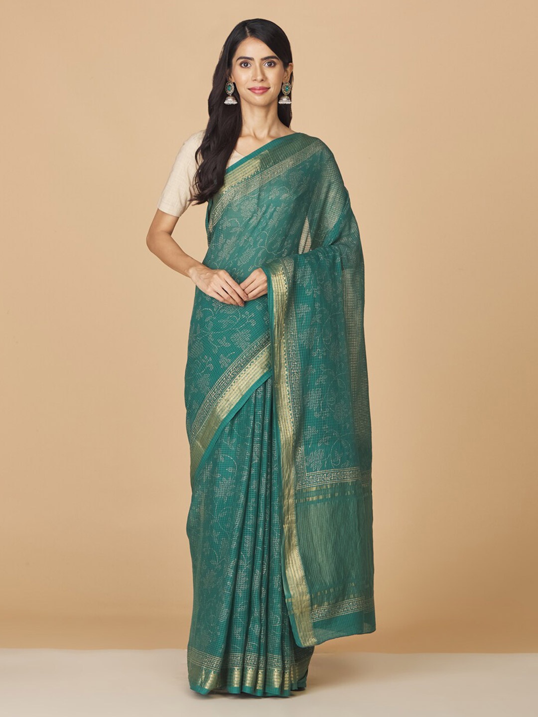 

Fabindia Floral Zari Pure Cotton Block Print Saree, Green