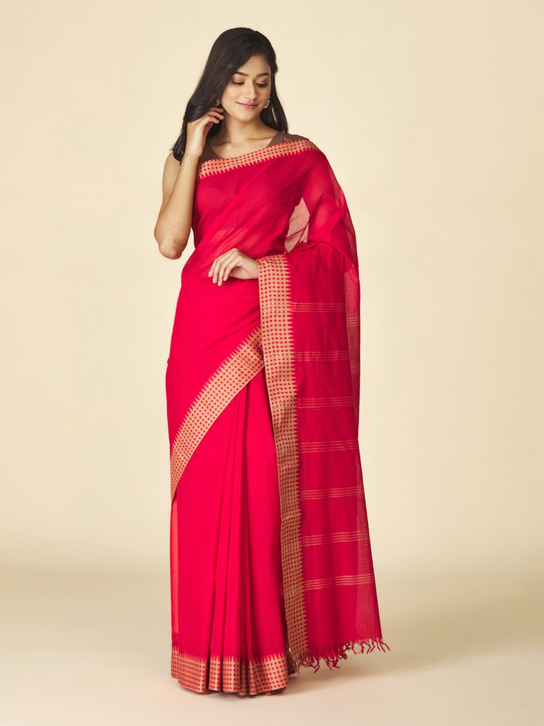 

Fabindia FabBasic Zari Pure Cotton Saree, Red