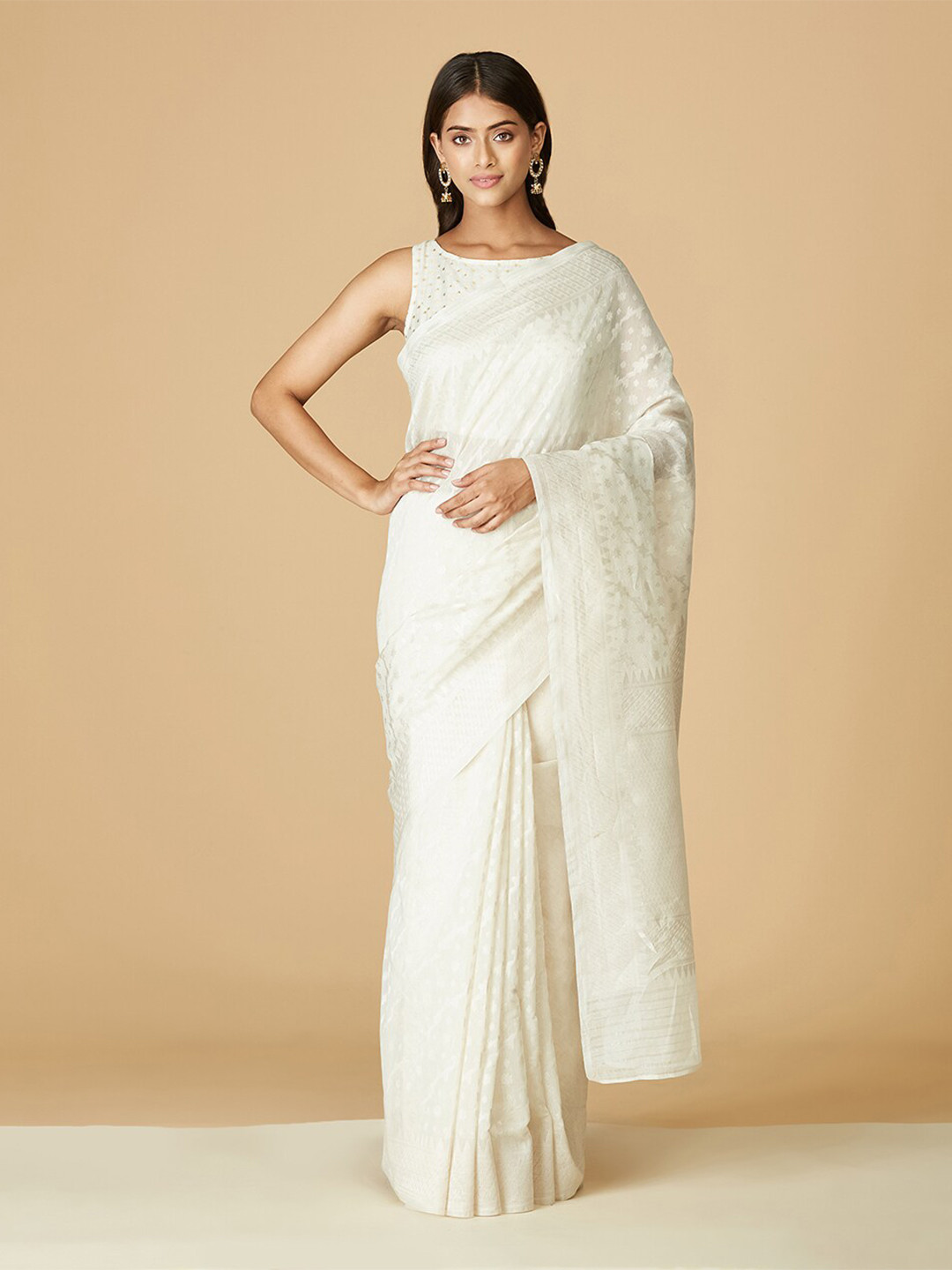 

Fabindia Floral Silk Cotton Saree, Off white