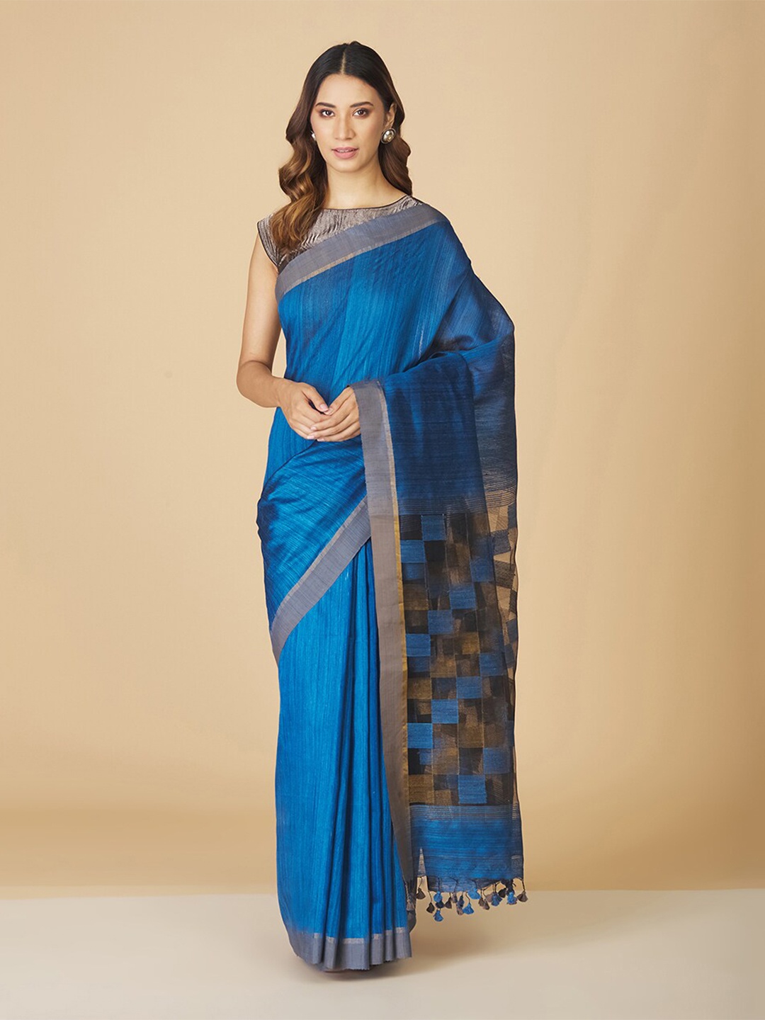 

Fabindia Pure Silk Jamdani Saree, Navy blue