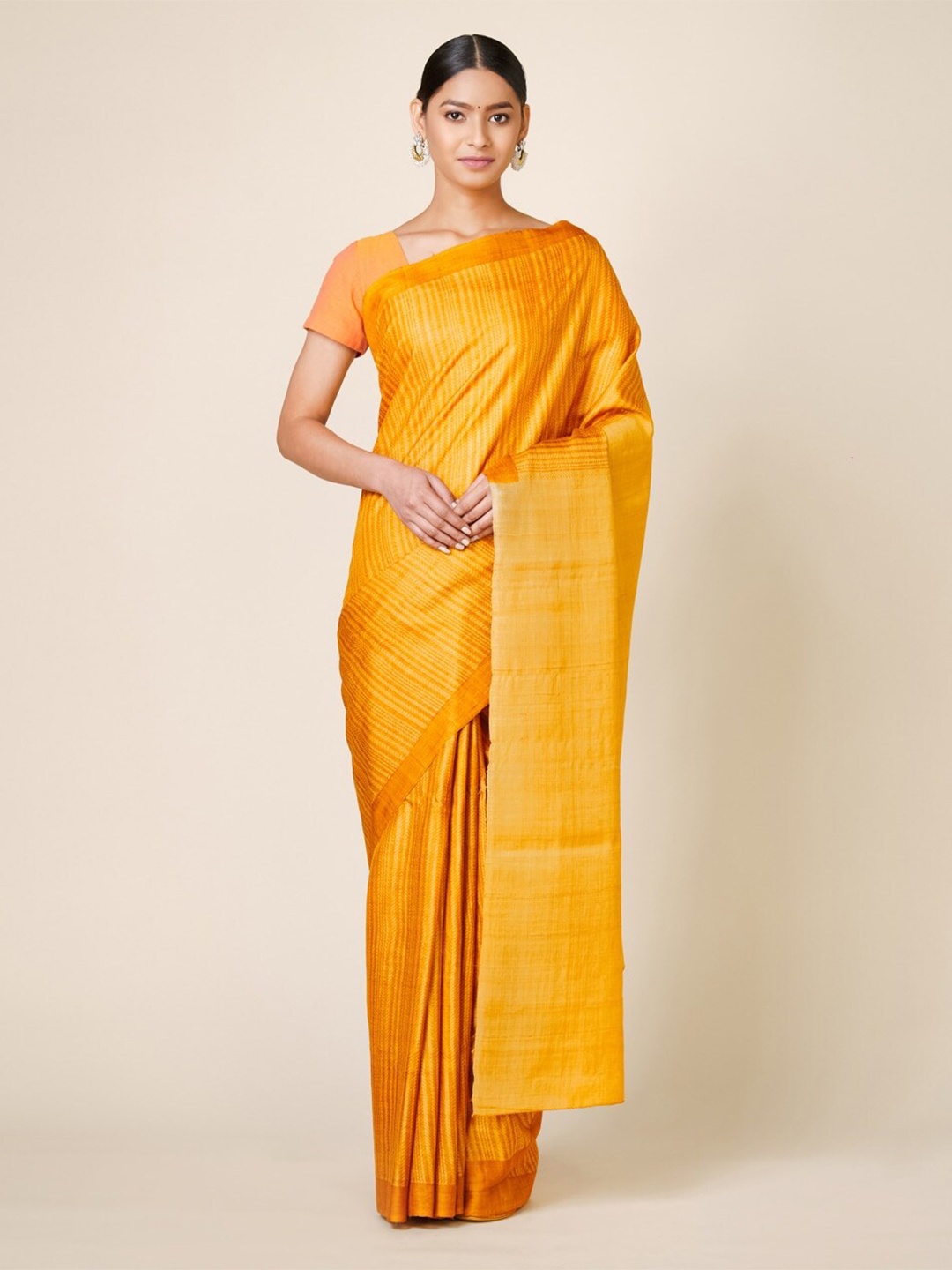 

Fabindia Striped Pure Silk Block Print Saree, Mustard