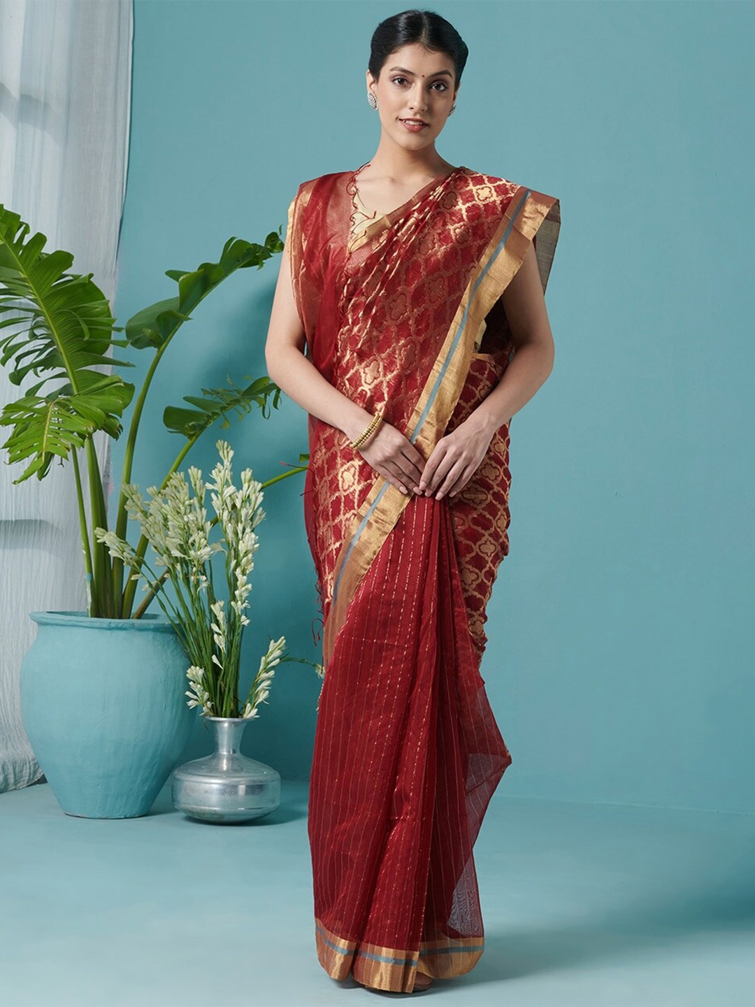 

Fabindia Ethnic Motifs Zari Silk Cotton Chanderi Saree, Maroon