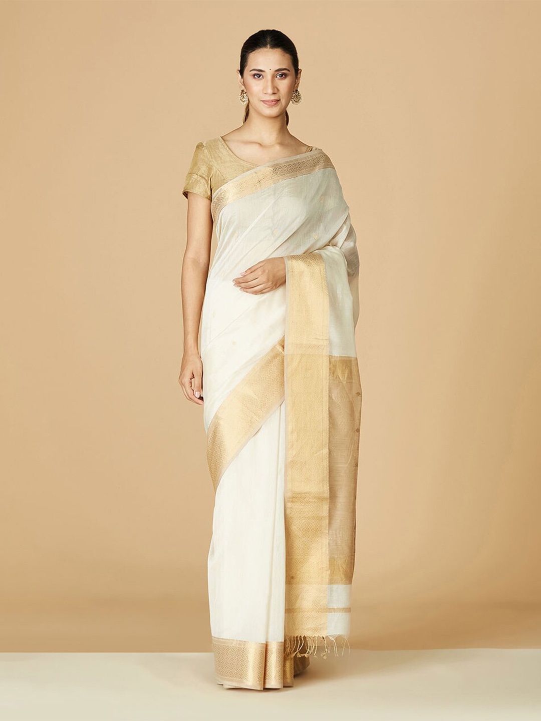 

Fabindia Zari Silk Cotton Maheshwari Saree, Cream