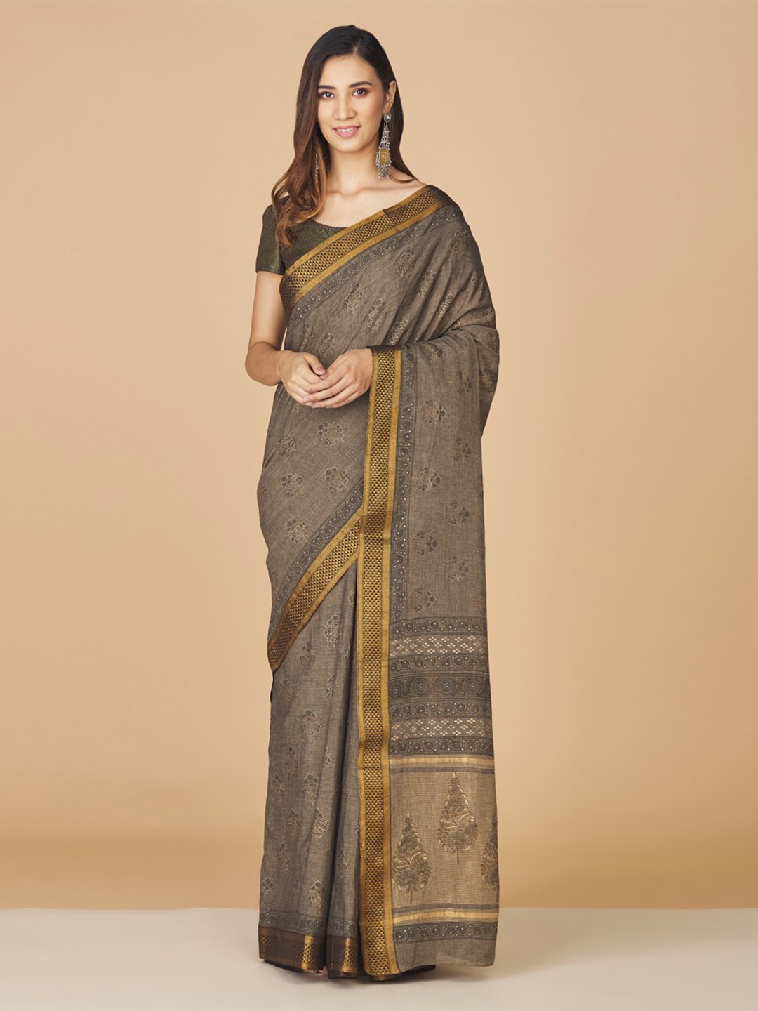 

Fabindia Floral Zari Pure Cotton Block Print Saree, Grey