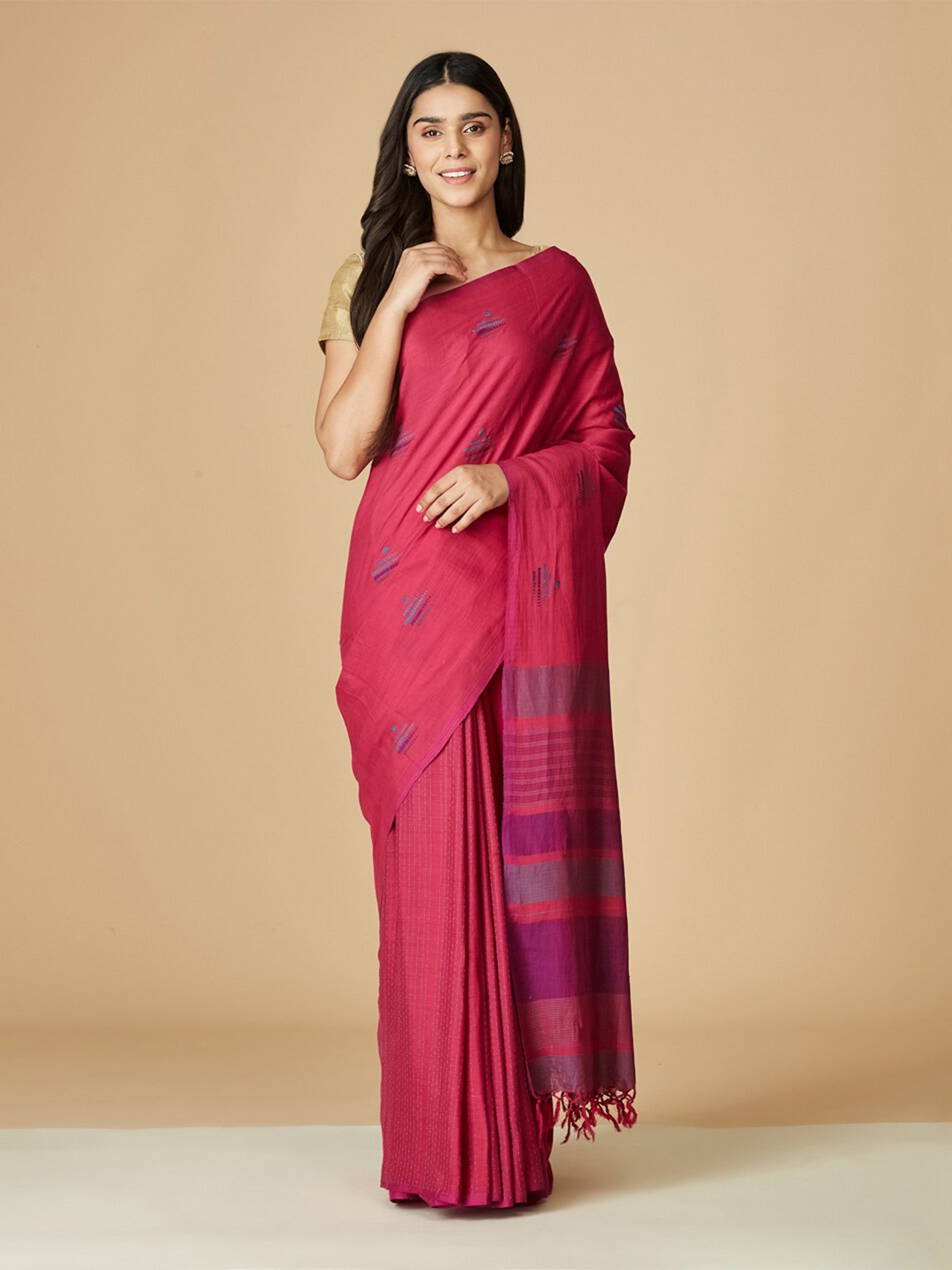 

Fabindia Ethnic Motifs Zari Pure Cotton Jamdani Saree, Pink