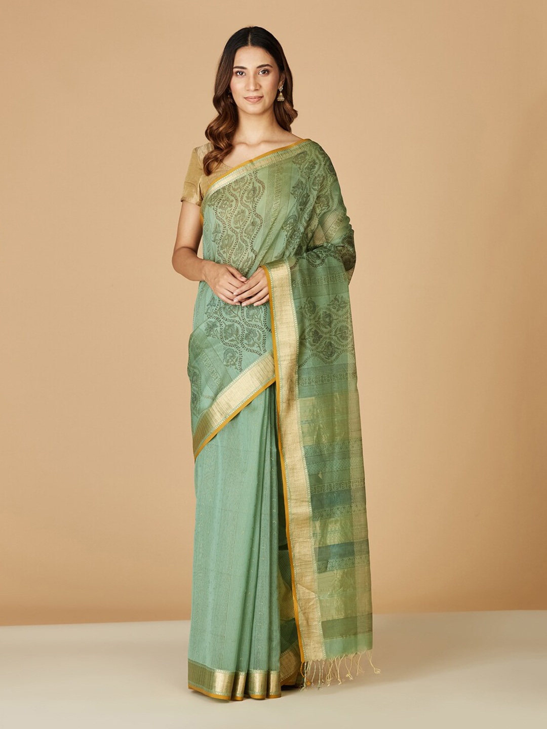 

Fabindia Floral Zari Silk Cotton Block Print Saree, Green