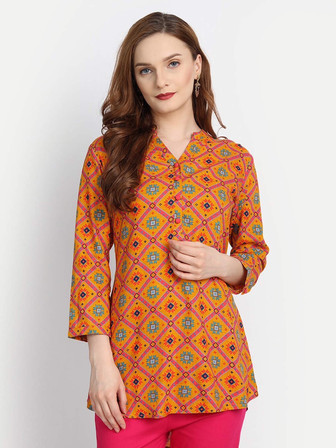 

fabGLOBAL Mustard Yellow Print Mandarin Collar Top