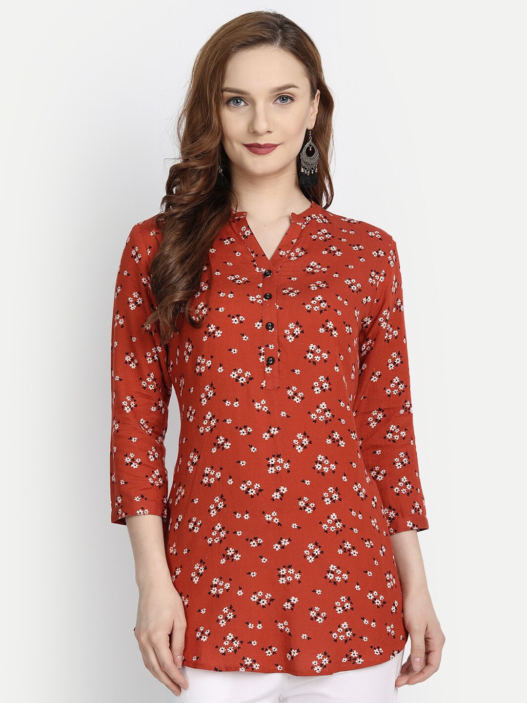 

fabGLOBAL Rust Floral Print Mandarin Collar Top