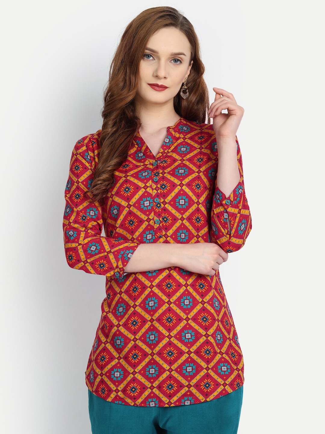 

fabGLOBAL Red Geometric Print Mandarin Collar Roll-Up Sleeves Shirt Style Top