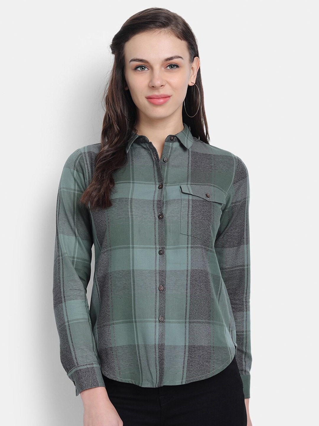 

fabGLOBAL Green Checked Shirt Style Top