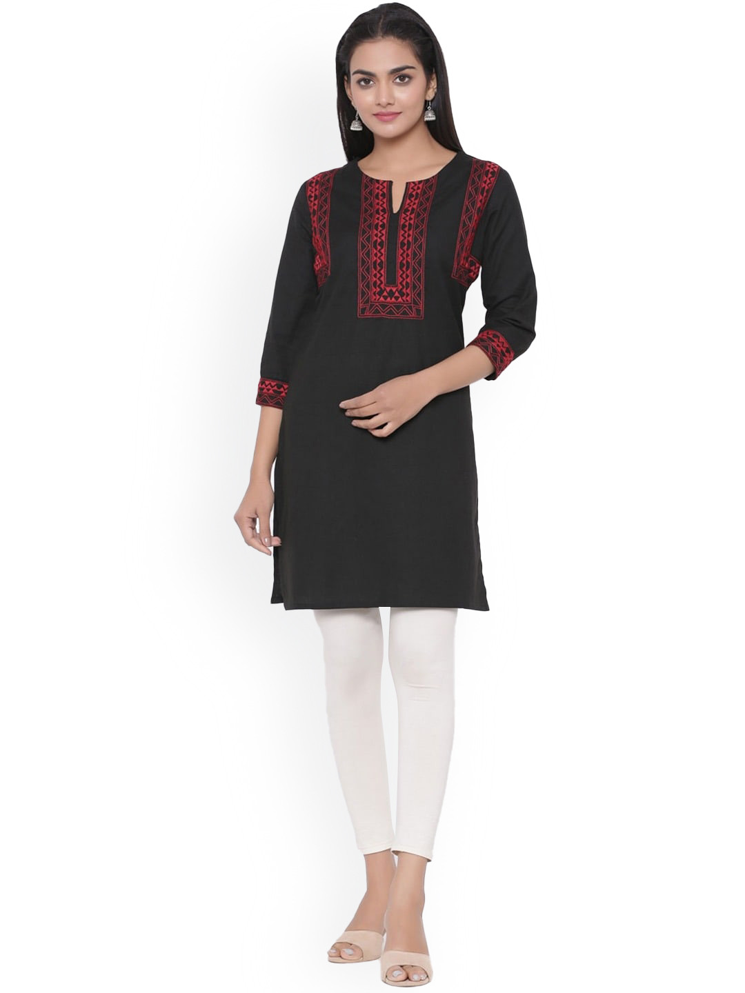 

fabGLOBAL Geometric Yoke Design Thread Work Kurta, Black