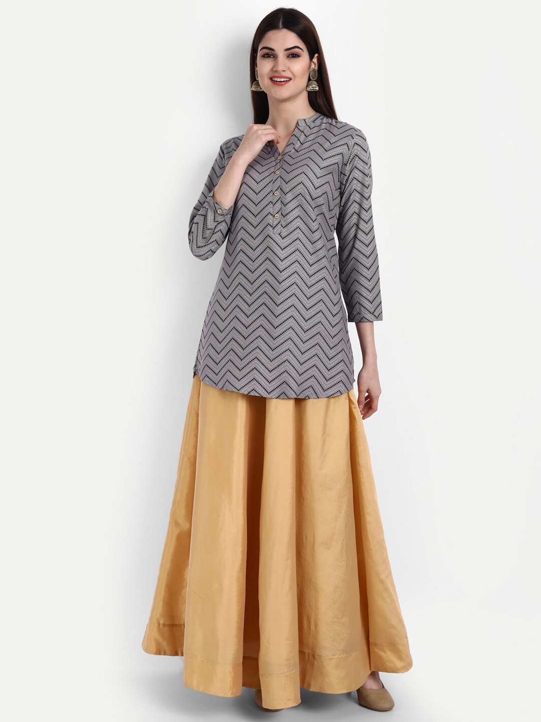 

fabGLOBAL Grey Geometric Print Mandarin Collar Top